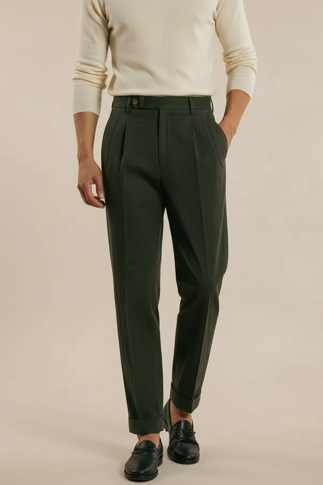 Pantalon Chino Vert Kaki Plissé Décontracté Homme - Gabardine