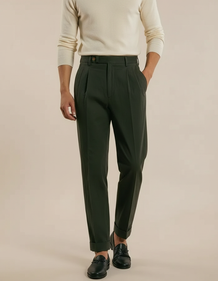 Pantalon Chino Vert Kaki Plissé Décontracté Homme - Gabardine