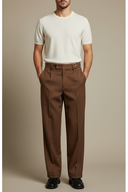 Pantalon Chino Marron Plissé Ample Décontracté Homme - Gabardine