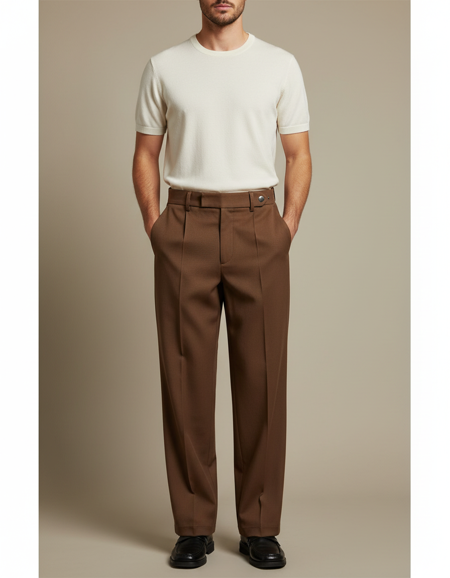 Pantalon Chino Marron Plissé Ample Décontracté Homme - Gabardine