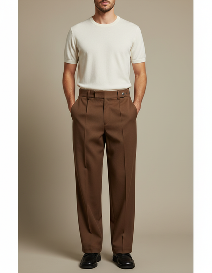 Pantalon Chino Marron Plissé Ample Décontracté Homme - Gabardine