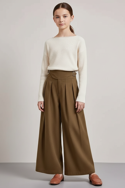 Pantalon Chino Kaki Ample Plissé Taille Haute Femme - Laine