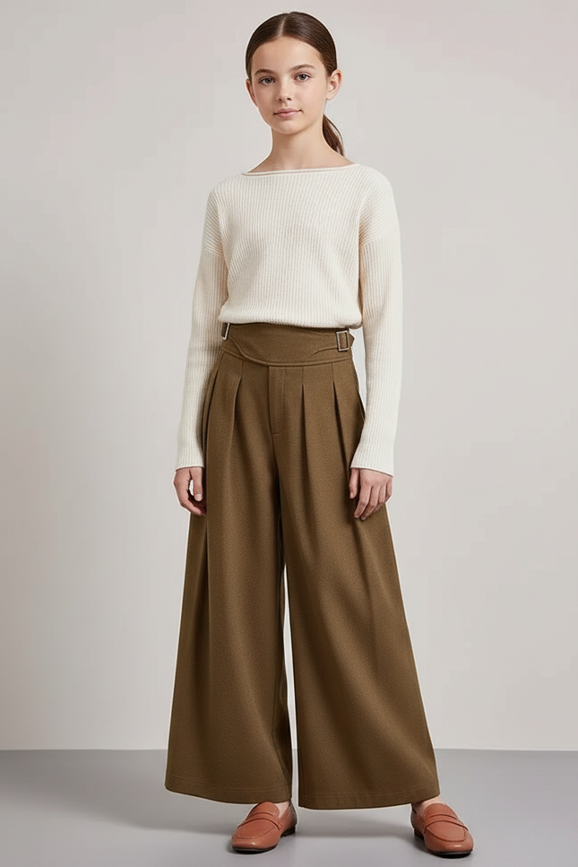 Pantalon Chino Kaki Ample Plissé Taille Haute Femme - Laine