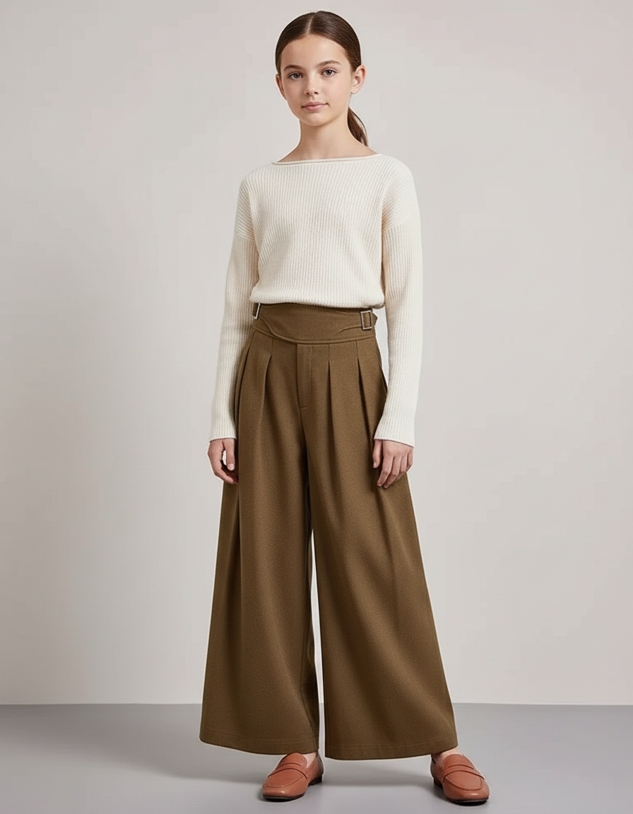 Pantalon Chino Kaki Ample Plissé Taille Haute Femme - Laine