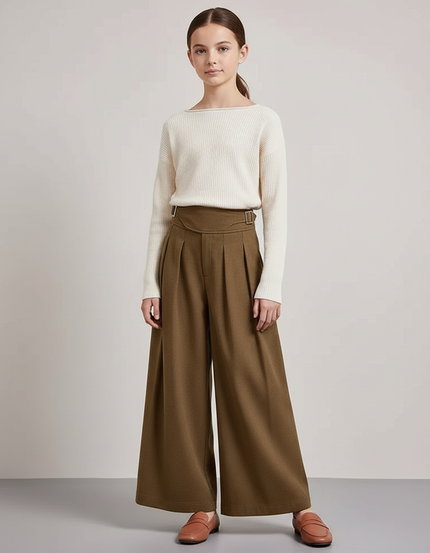 Pantalon Chino Kaki Ample Plissé Taille Haute Femme - Laine