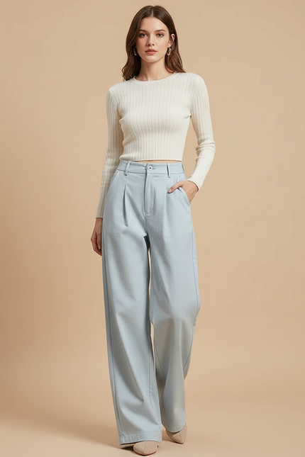 Pantalon Chino Bleu Ciel Fluide Ample Élégant - Gabardine