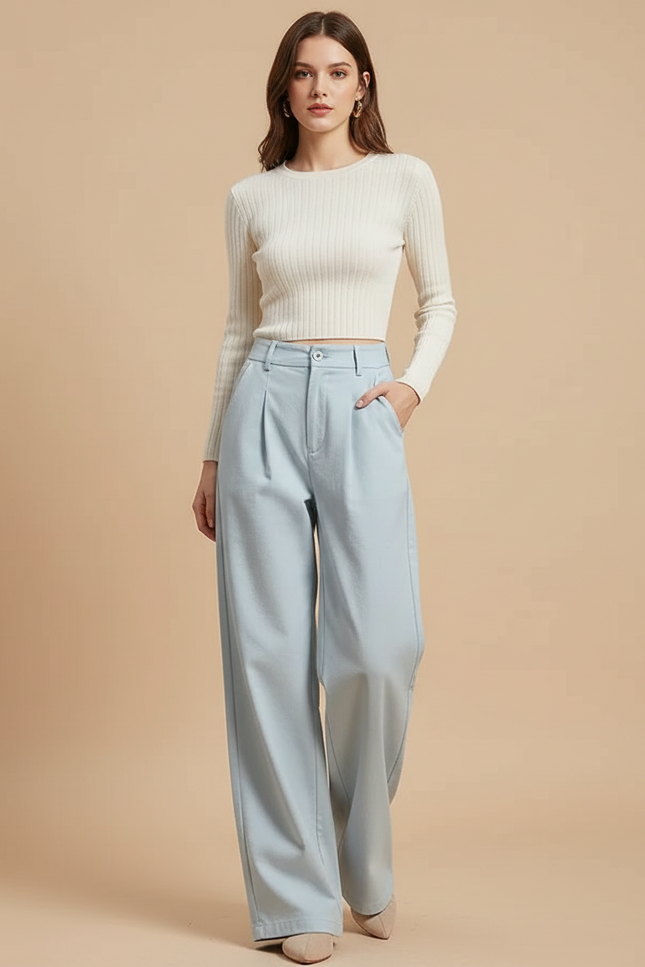 Pantalon Chino Bleu Ciel Fluide Ample Élégant - Gabardine