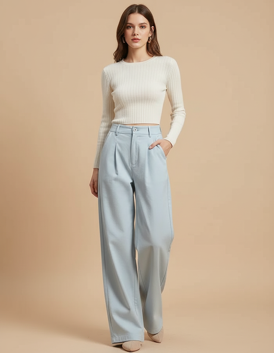 Pantalon Chino Bleu Ciel Fluide Ample Élégant - Gabardine