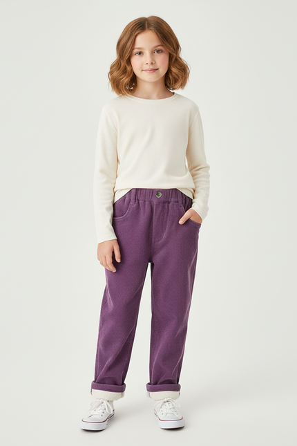 Pantalon Chino Violet Côtelé Doublé Chaud Enfant - Cordé