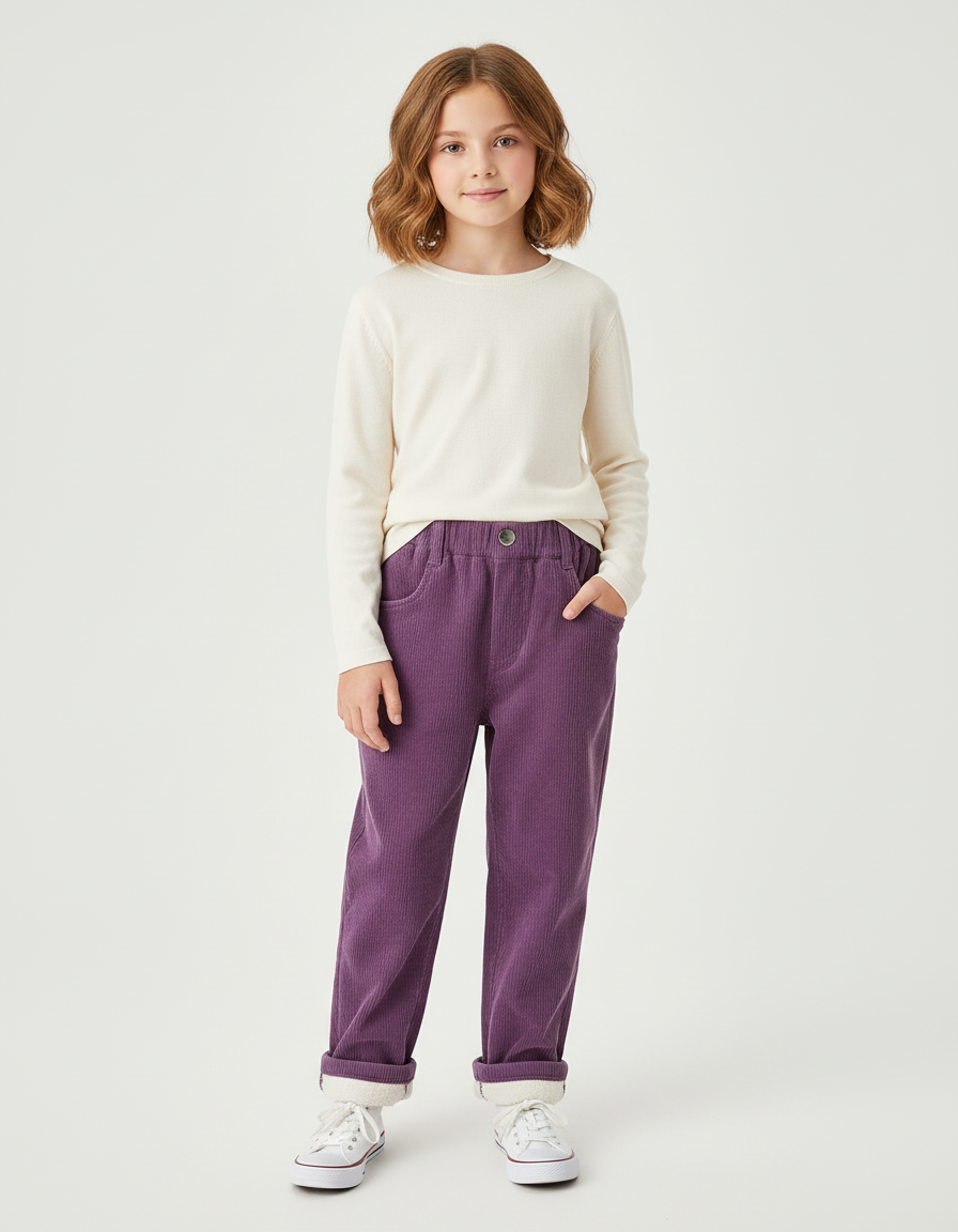 Pantalon Chino Violet Côtelé Doublé Chaud Enfant - Cordé