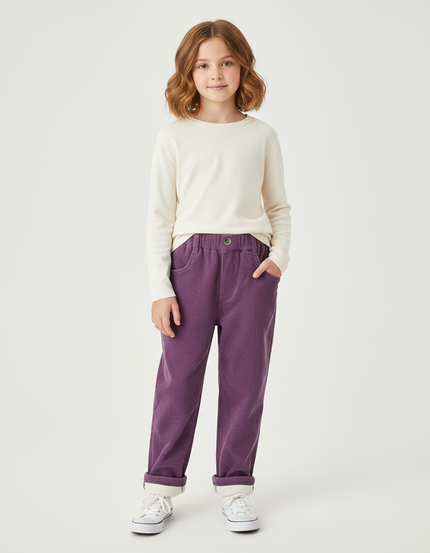 Pantalon Chino Violet Côtelé Doublé Chaud Enfant - Cordé