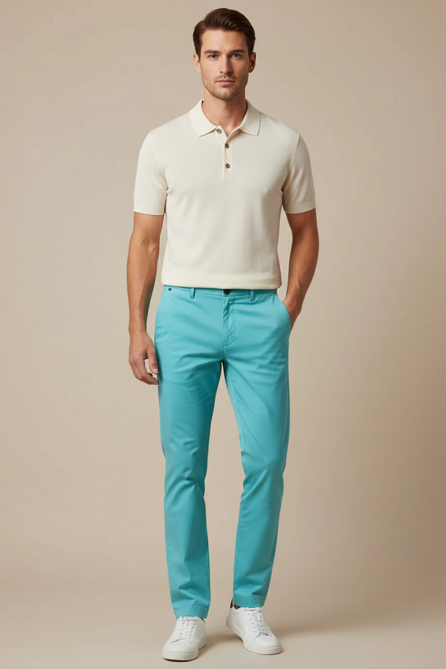 Pantalon Chino Homme Bleu Ciel Coton Droit Décontracté