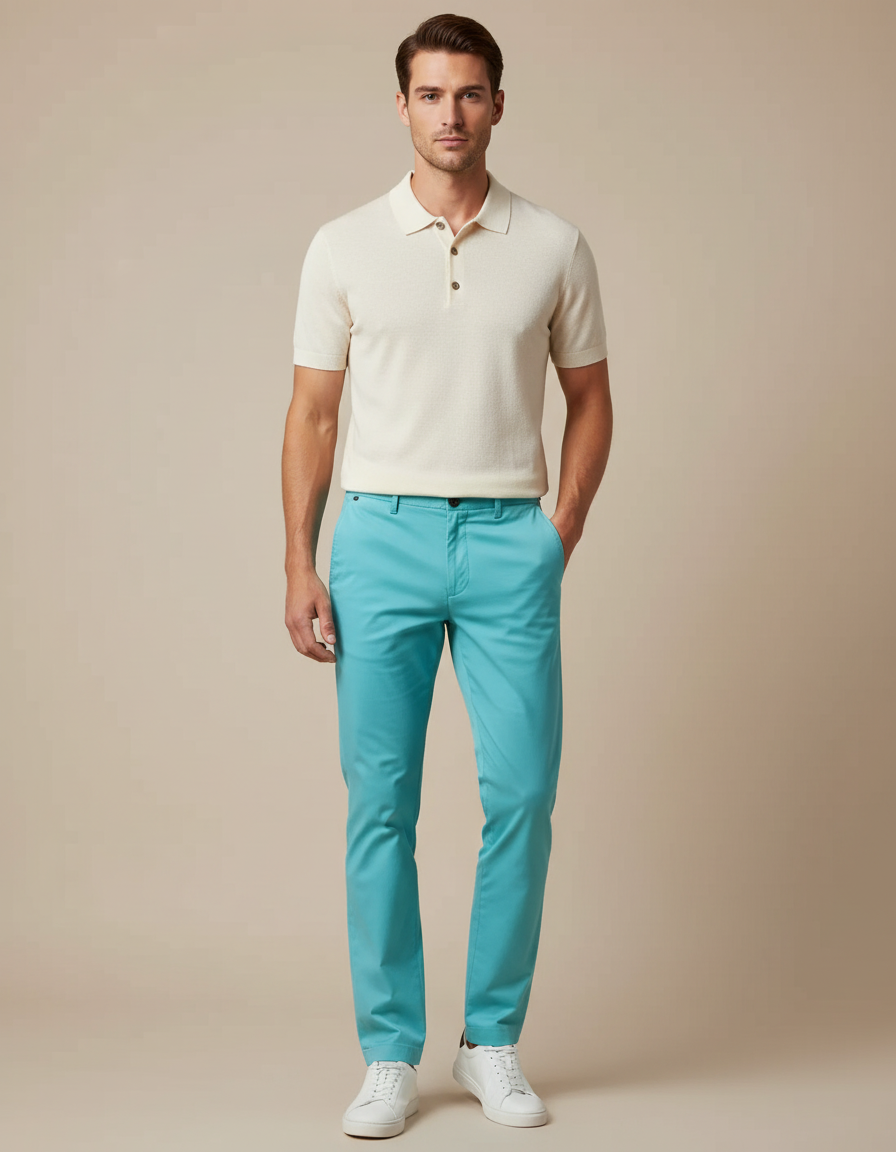 Pantalon Chino Homme Bleu Ciel Coton Droit Décontracté
