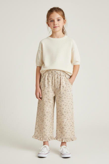 Pantalon Chino Beige Côtelé Ample Imprimé Floral Fille - Cordé