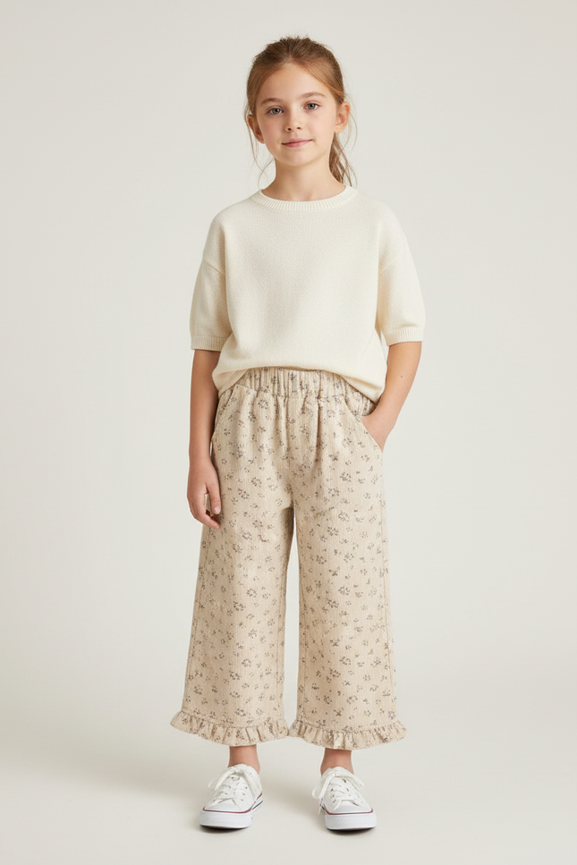 Pantalon Chino Beige Côtelé Ample Imprimé Floral Fille - Cordé