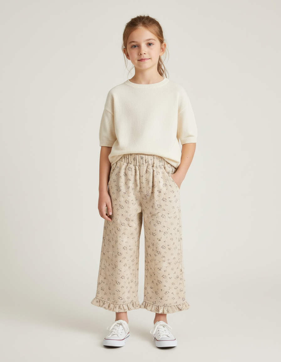 Pantalon Chino Beige Côtelé Ample Imprimé Floral Fille - Cordé
