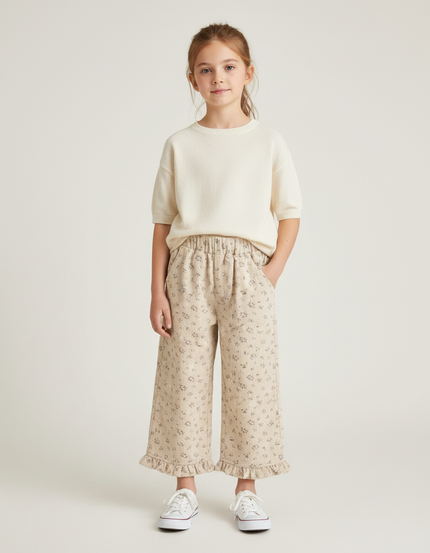 Pantalon Chino Beige Côtelé Ample Imprimé Floral Fille - Cordé