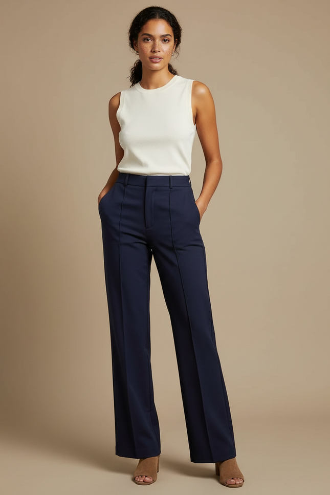 Pantalon Chino Bleu Marine Droit Élégant Femme - Gabardine