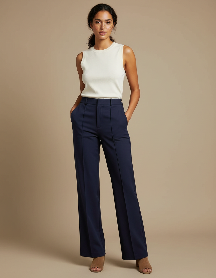 Pantalon Chino Bleu Marine Droit Élégant Femme - Gabardine