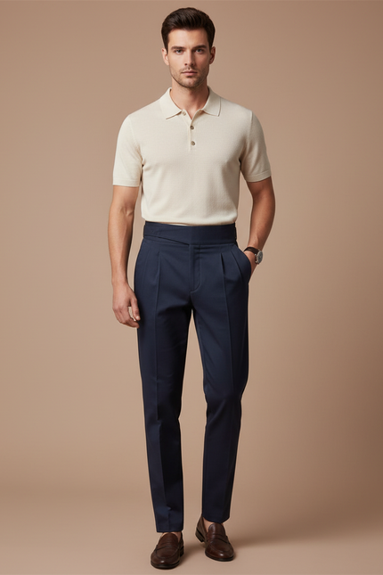 Pantalon Chino Bleu Marine Plissé Taille Haute Élégant - Gabardine