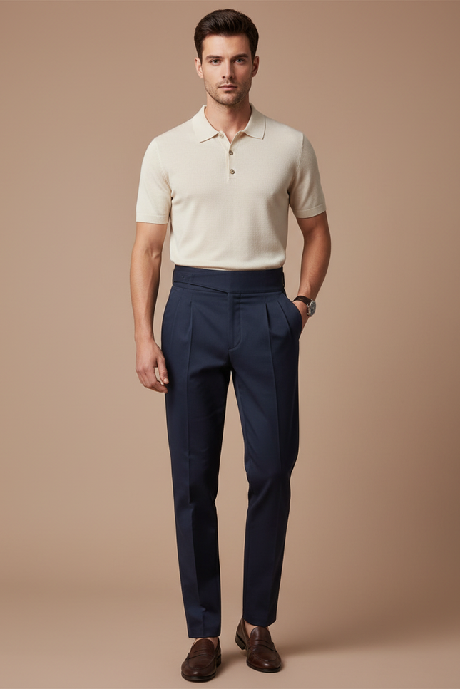 Pantalon Chino Bleu Marine Plissé Taille Haute Élégant - Gabardine