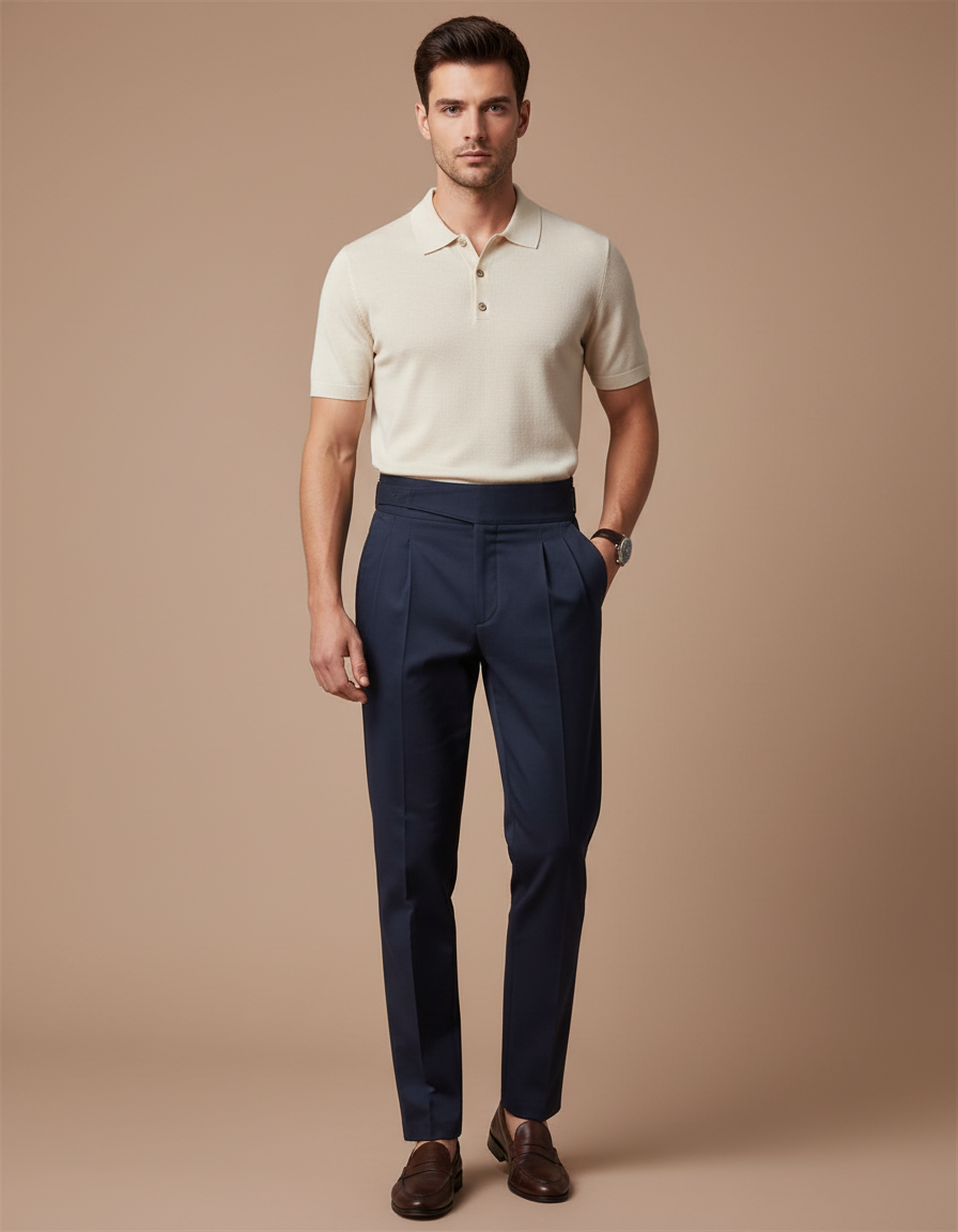 Pantalon Chino Bleu Marine Plissé Taille Haute Élégant - Gabardine