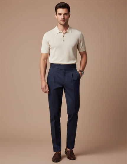 Pantalon Chino Bleu Marine Plissé Taille Haute Élégant - Gabardine