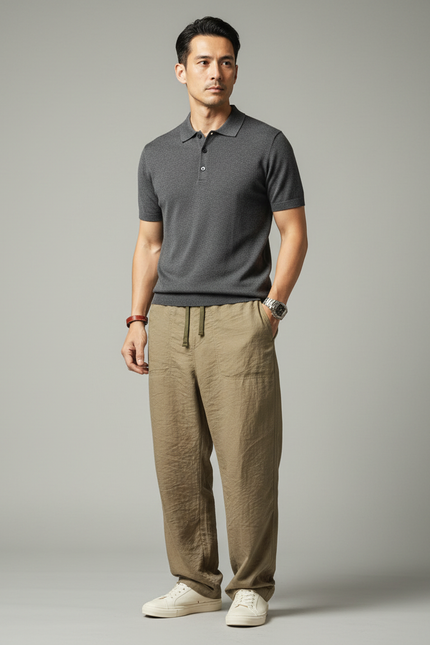 Pantalon Chino Kaki Ample Lin Cordon Décontracté