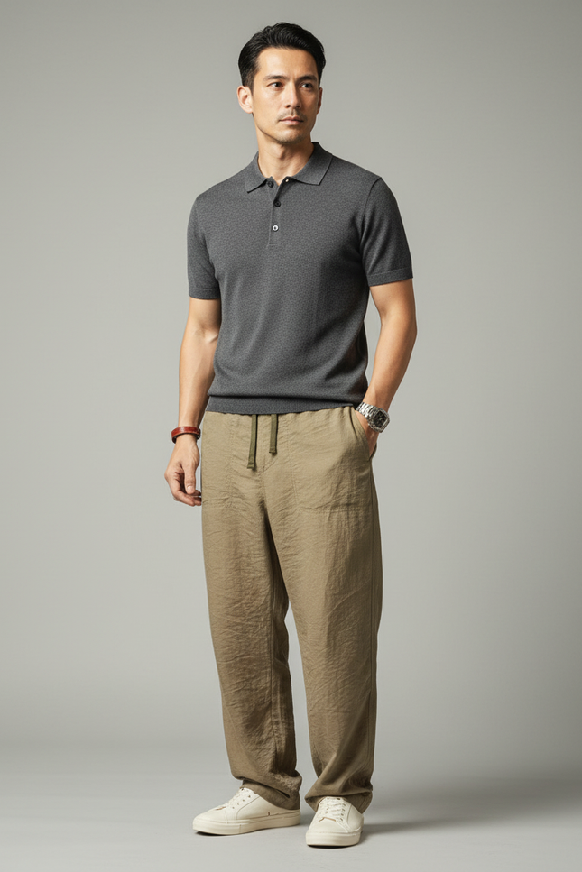 Pantalon Chino Kaki Ample Lin Cordon Décontracté