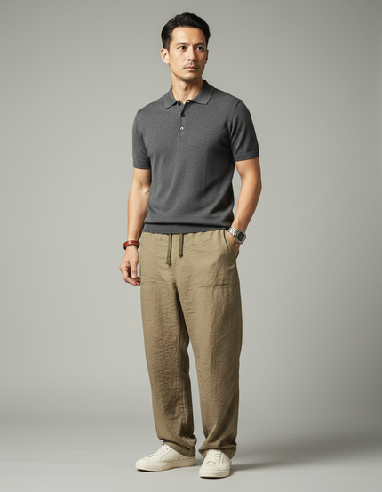Pantalon Chino Kaki Ample Lin Cordon Décontracté