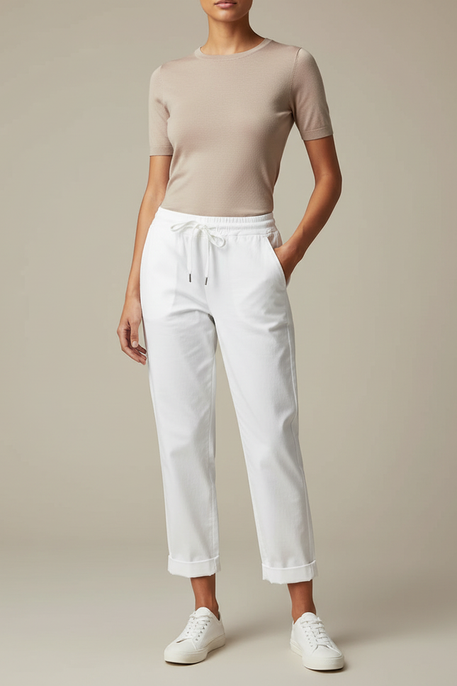 Pantalon Chino Blanc Coton Décontracté Femme Cordon