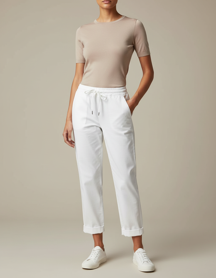 Pantalon Chino Blanc Coton Décontracté Femme Cordon