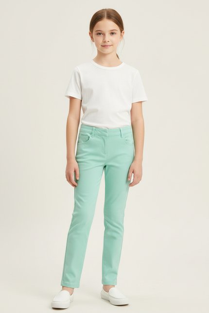 Pantalon Chino Vert Menthe Coton Slim Fille Uni