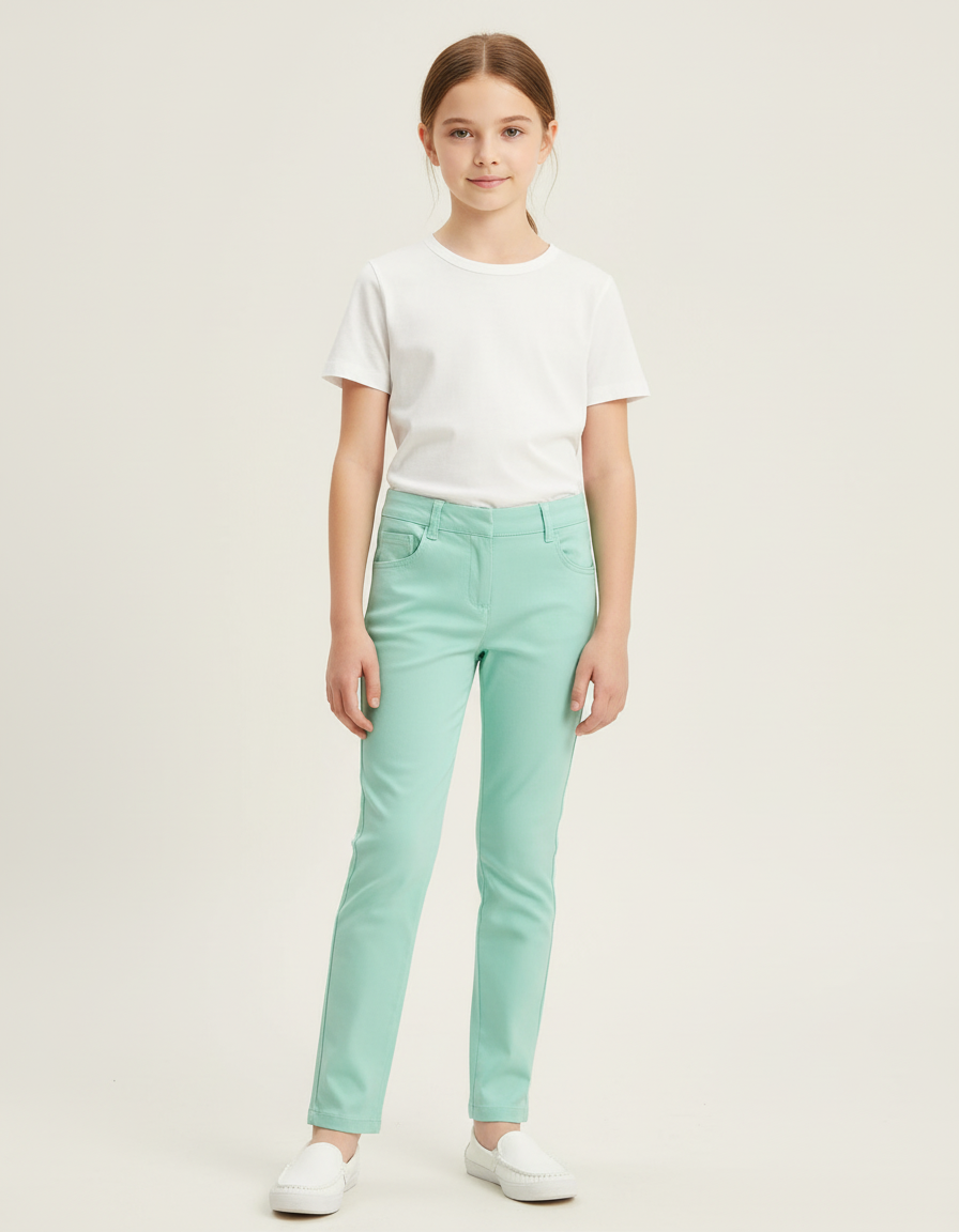 Pantalon Chino Vert Menthe Coton Slim Fille Uni