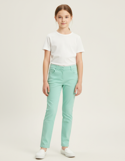 Pantalon Chino Vert Menthe Coton Slim Fille Uni