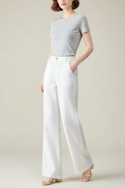 Pantalon Chino Blanc Ample Lin Droit Élégant Femme