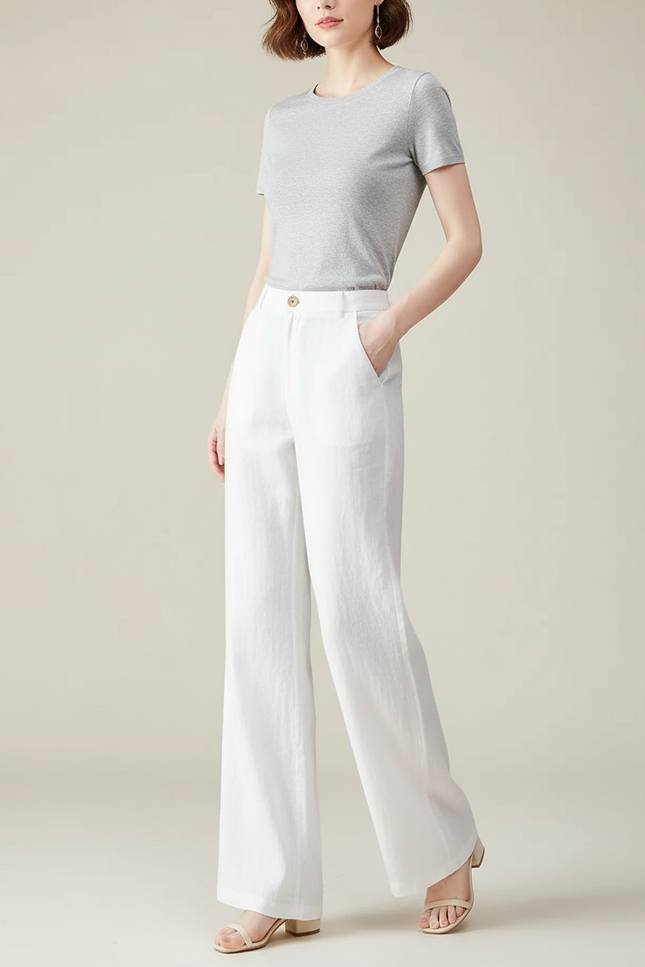 Pantalon Chino Blanc Ample Lin Droit Élégant Femme