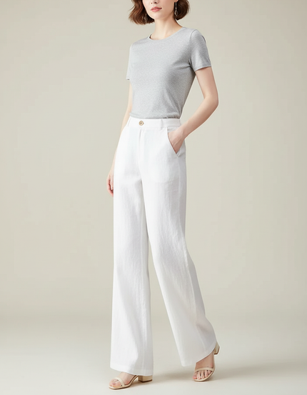 Pantalon Chino Blanc Ample Lin Droit Élégant Femme