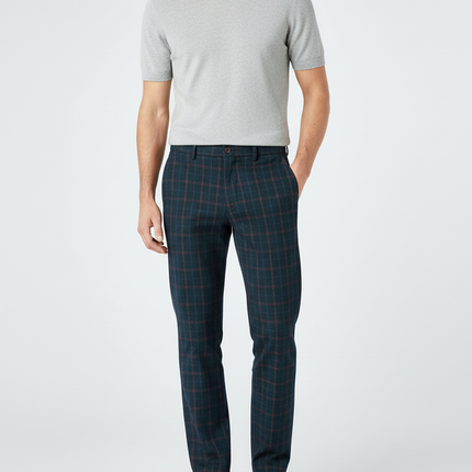 Pantalon Chino Carreaux Vert Foncé Laine Slim Habillé