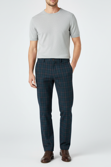 Pantalon Chino Carreaux Vert Foncé Laine Slim Habillé
