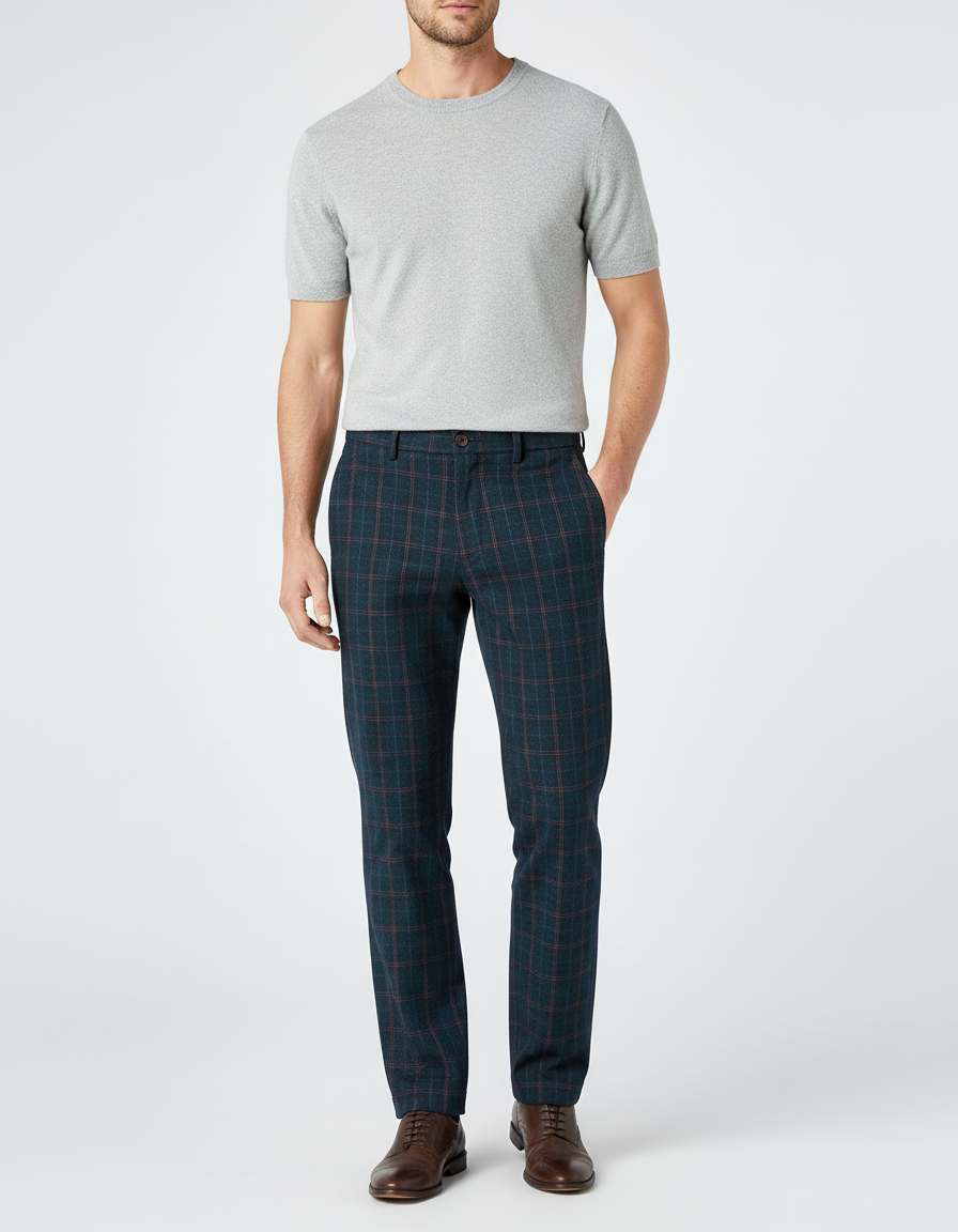 Pantalon Chino Carreaux Vert Foncé Laine Slim Habillé