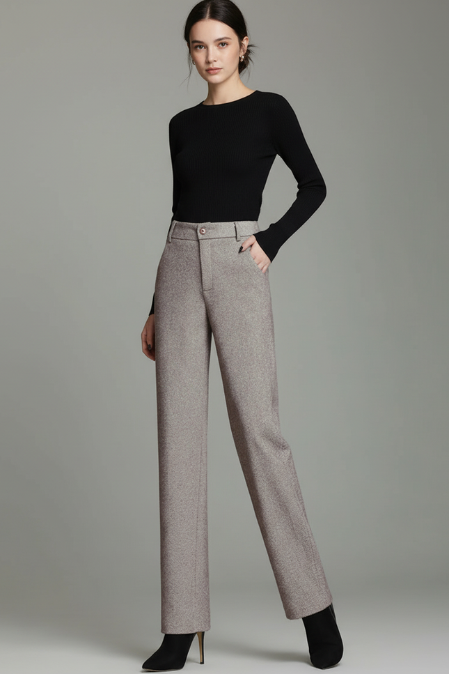 Pantalon Chino Gris Droit Taille Haute Tweed