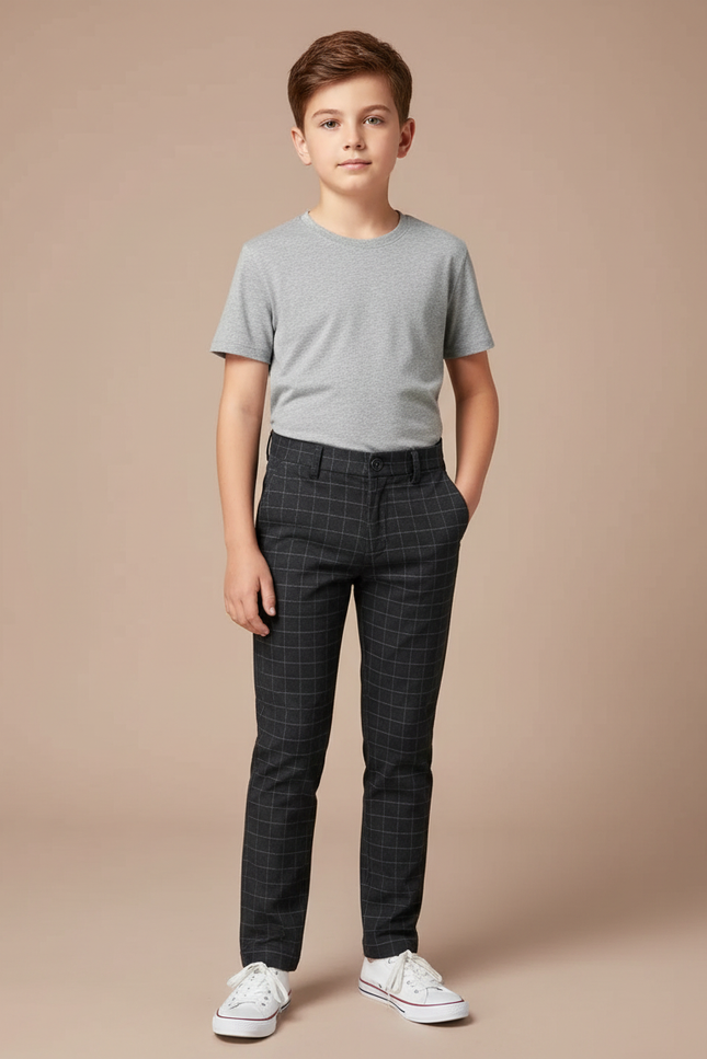 Pantalon Chino Carreaux Gris Slim Élégant Enfant - Gabardine
