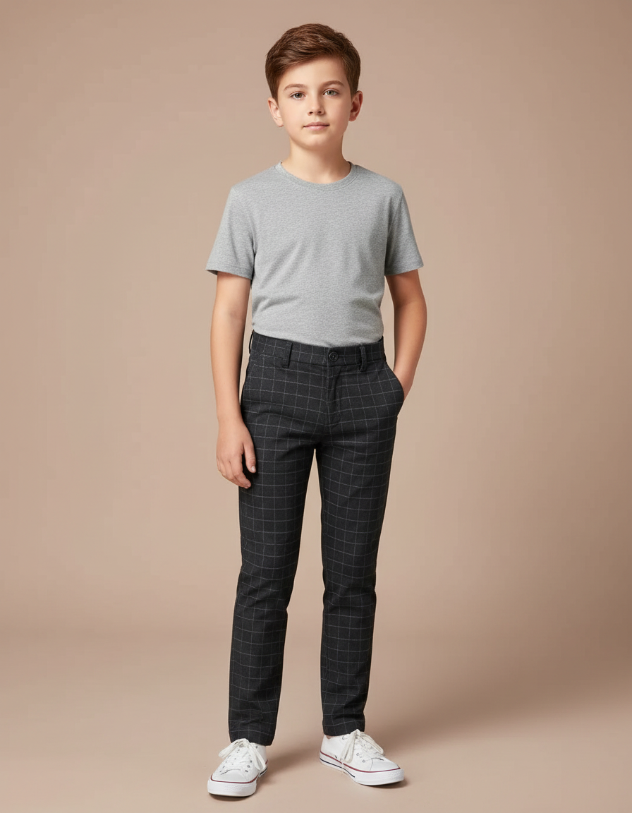 Pantalon Chino Carreaux Gris Slim Élégant Enfant - Gabardine