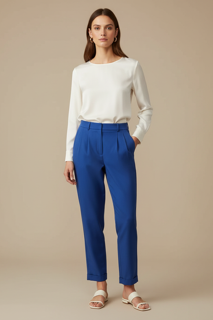 Pantalon Chino Bleu Royal Plissé Élégant Femme - Gabardine