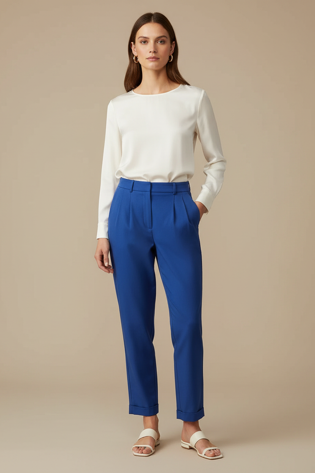 Pantalon Chino Bleu Royal Plissé Élégant Femme - Gabardine