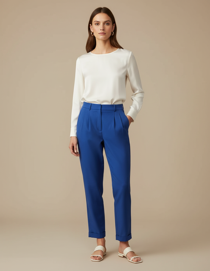 Pantalon Chino Bleu Royal Plissé Élégant Femme - Gabardine