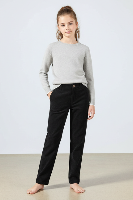 Pantalon Chino Noir Côtelé Décontracté Droit Fille - Cordé