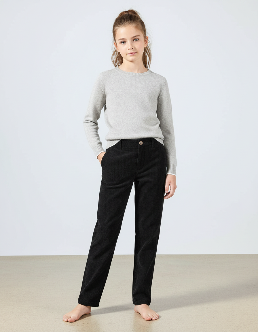 Pantalon Chino Noir Côtelé Décontracté Droit Fille - Cordé