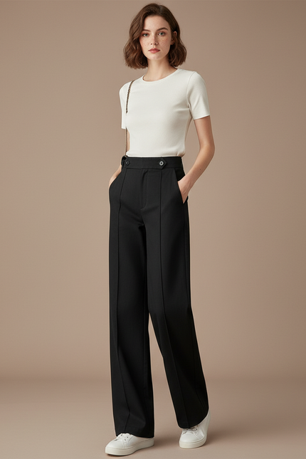 Pantalon Chino Noir Ample Taille Haute Élégant - Gabardine